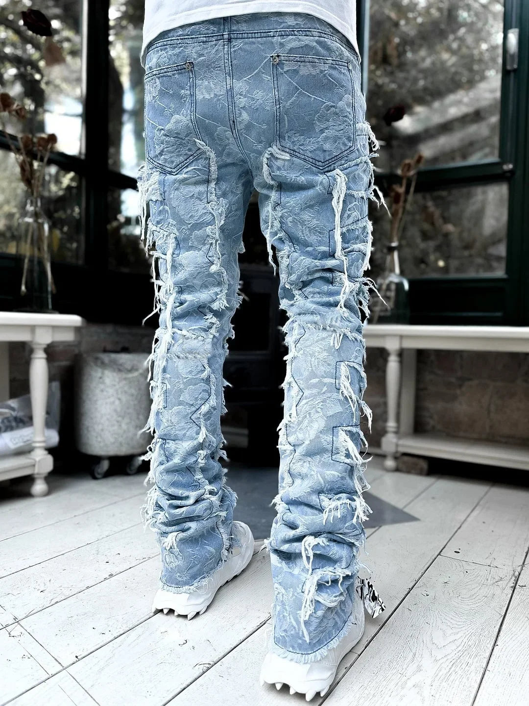 Stretchy Vintage Blue Stacked Jeans For Men Premium Raw Frayed Denim Destroyed Washed Patchworks Pants New