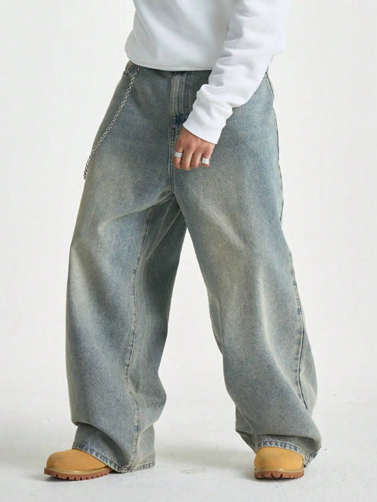 Manfinity EMRG Men's Light Blue Washed Retro Loose Wide Leg Jeans