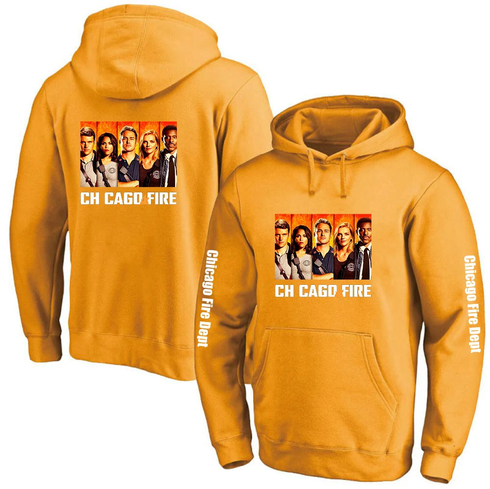 2025 Primăvara și toamna Chicago Fire Department Show TV Rescue Print Men's Outdoor Classic Solid Color Sports Loose Pullover Hoodies