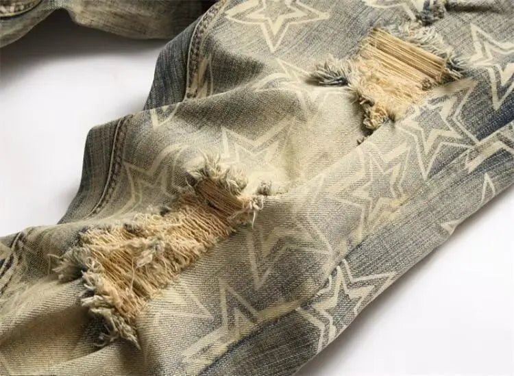 High street trendy brand new men's retro distressed distressed jeans patch slim fit leggings