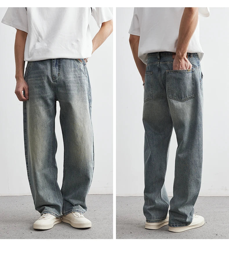 Pantaloni denim pentru bărbați, vara 2025, noi, albastru închis, spălați, blugi pentru bărbați, drepți, casual, îmbrăcăminte pentru bărbați, pantaloni largi cu picior larg, la modă, îmbrăcăminte pentru bărbați