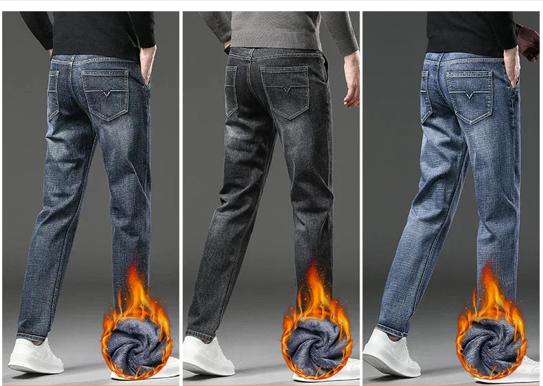 Winter Jeans Men's Fleece New Warm Stretch vintage Pants Fashion Straight Slim Thick Plush Velvet Male Brand Denim Trousers