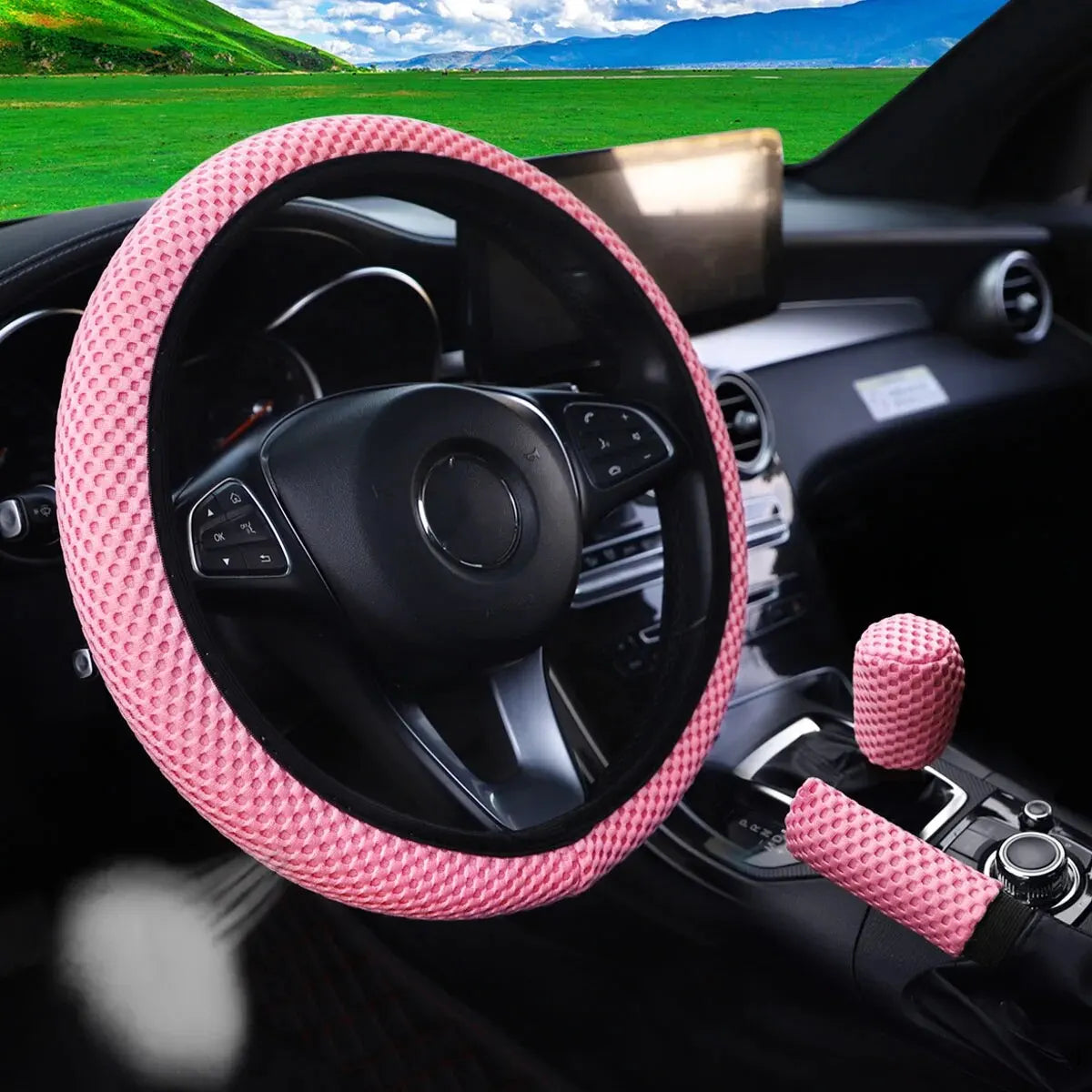 3-piece Massage Mesh Cloth Breathable Car without Inner Ring Steering Wheel Cover Handbrake Cover Handle Cover 14.5-15INCH