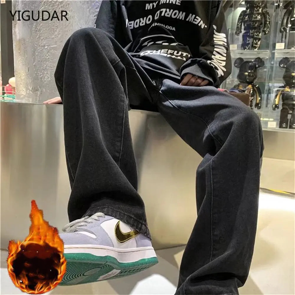 Blugi femei groși din fleece, talie încrucișată, pantaloni largi cu picior, mama femeii, drepți, vintage, blugi largi, denim 2025, pantaloni de iarnă