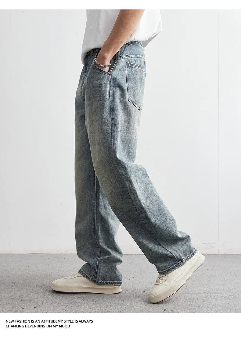 Pantaloni denim pentru bărbați, vara 2025, noi, albastru închis, spălați, blugi pentru bărbați, drepți, casual, îmbrăcăminte pentru bărbați, pantaloni largi cu picior larg, la modă, îmbrăcăminte pentru bărbați