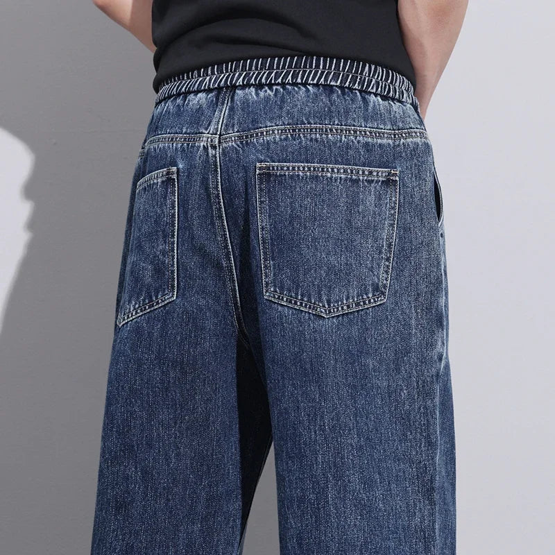 Men Dark Blue Blue Stretch Elastic Waist Denim Pants Streetwear Loose Full Length Trousers Straight Wide Leg Drawstring Jeans