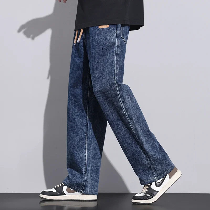 Men Dark Blue Blue Stretch Elastic Waist Denim Pants Streetwear Loose Full Length Trousers Straight Wide Leg Drawstring Jeans