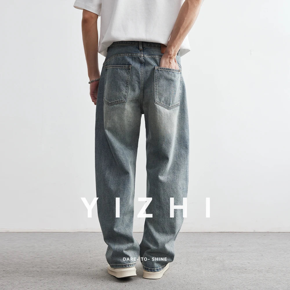 Pantaloni denim pentru bărbați, vara 2025, noi, albastru închis, spălați, blugi pentru bărbați, drepți, casual, îmbrăcăminte pentru bărbați, pantaloni largi cu picior larg, la modă, îmbrăcăminte pentru bărbați