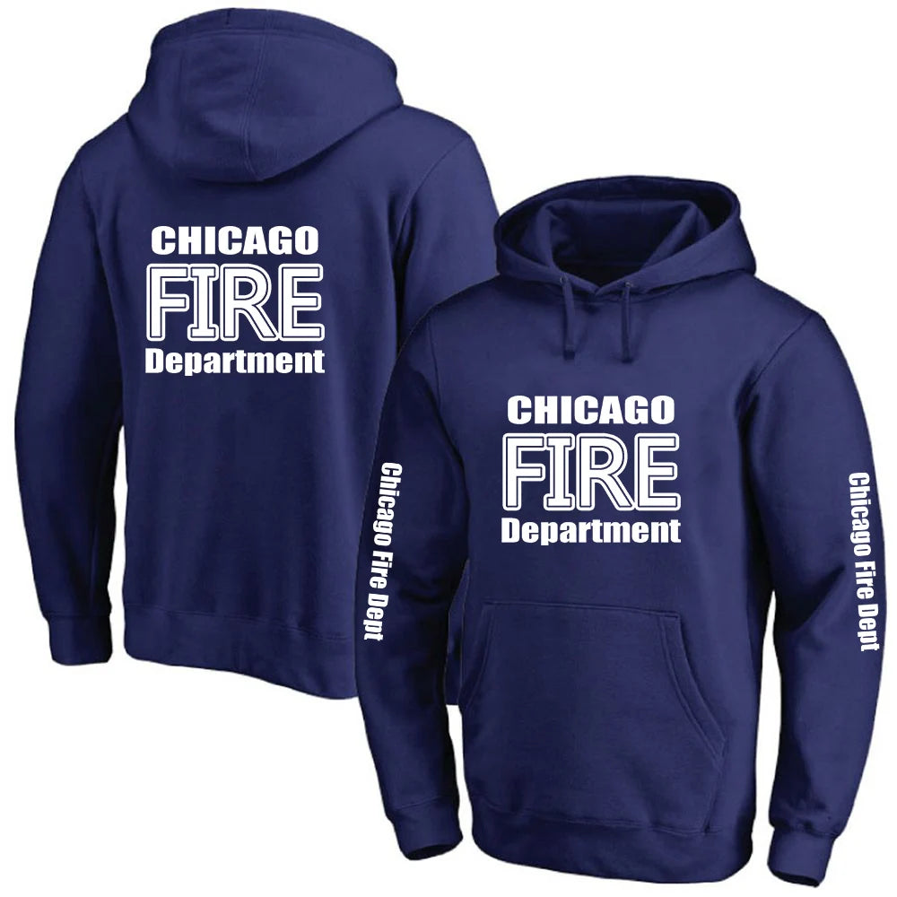 2025 Primăvara și toamna Chicago Fire Department Show TV Rescue Print Men's Outdoor Classic Solid Color Sports Loose Pullover Hoodies