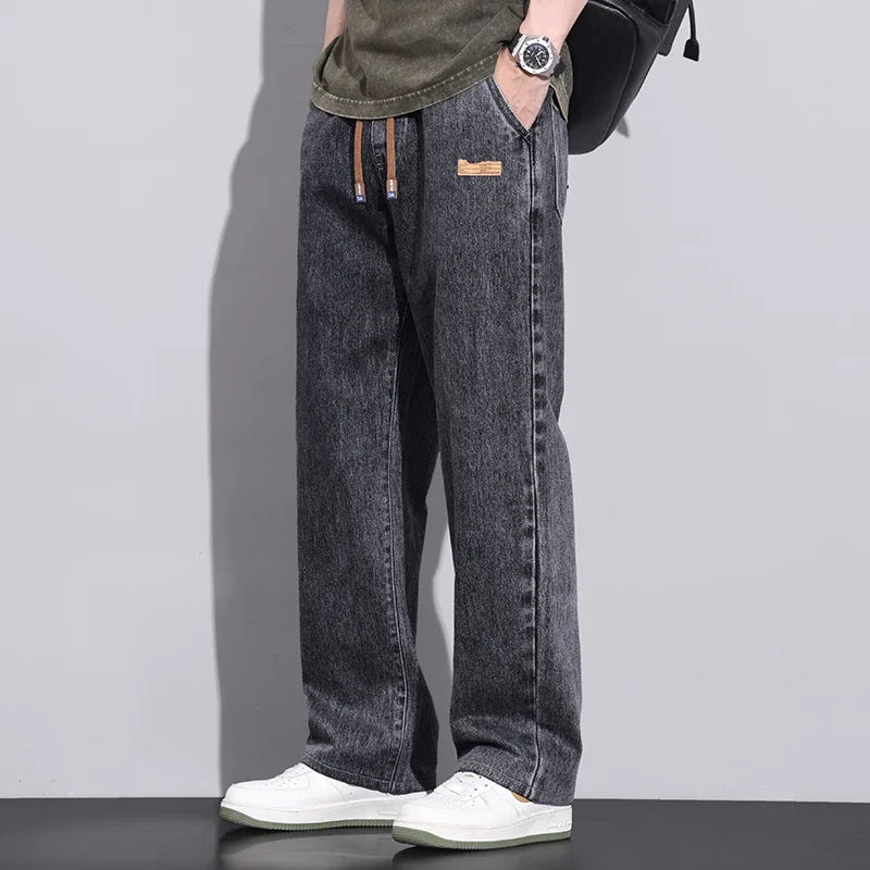 Men Dark Blue Blue Stretch Elastic Waist Denim Pants Streetwear Loose Full Length Trousers Straight Wide Leg Drawstring Jeans