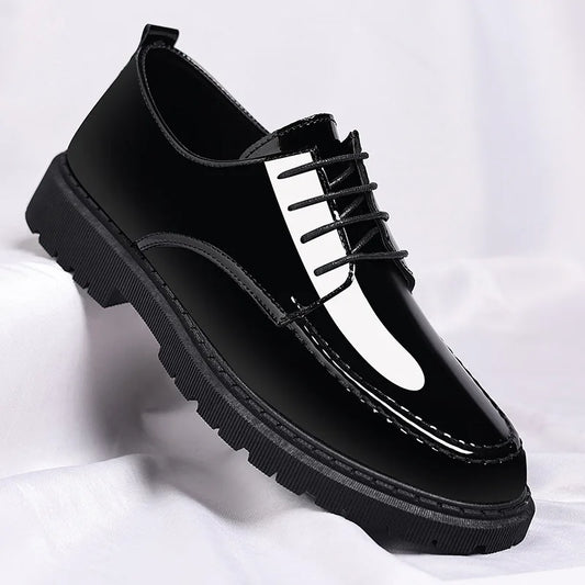 Men's Invisible Heightening Bean Bean Shoes Mirror Surface Leather Shoes Casual Business Shoes round Toe Mid Heel PVC Outsole