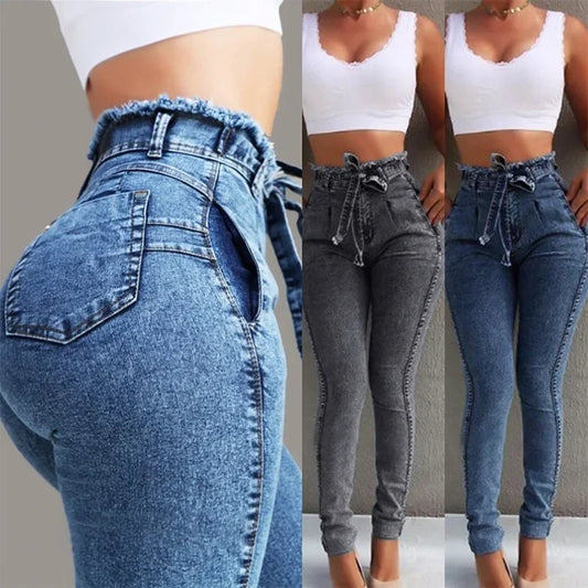 Women's Clothing Jeans Slim Stretch Tassel Belt High Waist Jeans Denim Pants Skinny Ankle Length Bleached