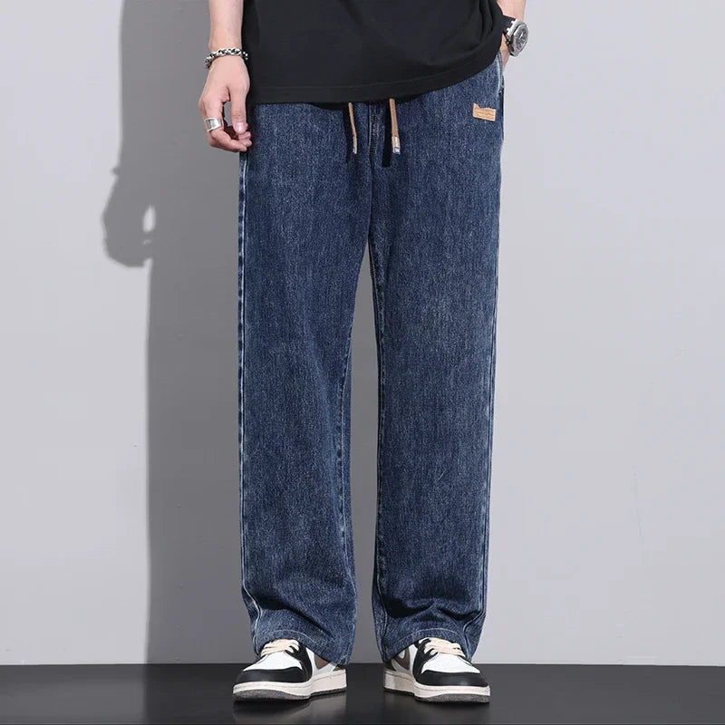 Men Dark Blue Blue Stretch Elastic Waist Denim Pants Streetwear Loose Full Length Trousers Straight Wide Leg Drawstring Jeans