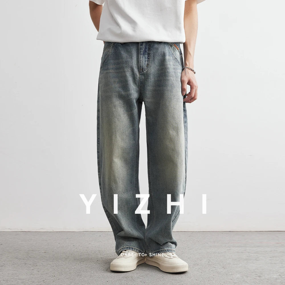 Pantaloni denim pentru bărbați, vara 2025, noi, albastru închis, spălați, blugi pentru bărbați, drepți, casual, îmbrăcăminte pentru bărbați, pantaloni largi cu picior larg, la modă, îmbrăcăminte pentru bărbați