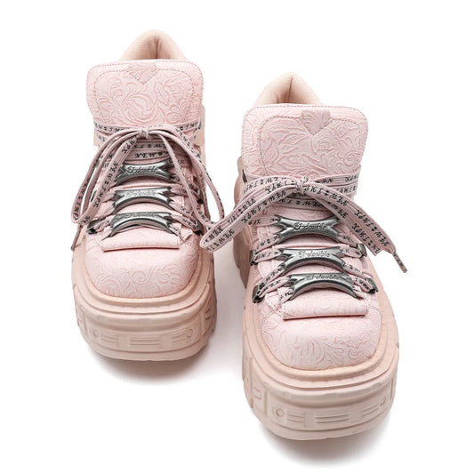 Gothic Ankle Rock Boots Women Shoes White Leather Platform New Punk Style Lace-up Heel Height Shoes Metal Decor Woman Sneakers