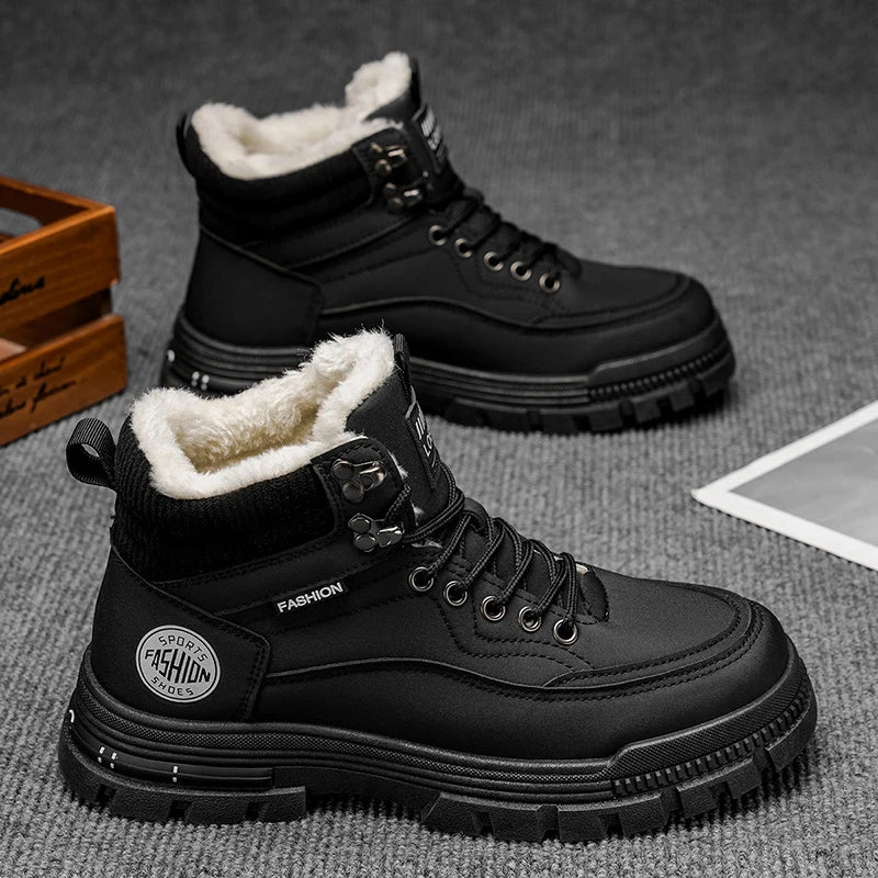 Cizme de zăpadă pentru bărbați de iarnă 2025, pantofi de iarnă din fleece cald, cu vârf înalt din bumbac, cizme de lucru retro