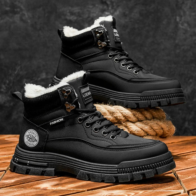 Cizme de zăpadă pentru bărbați de iarnă 2025, pantofi de iarnă din fleece cald, cu vârf înalt din bumbac, cizme de lucru retro
