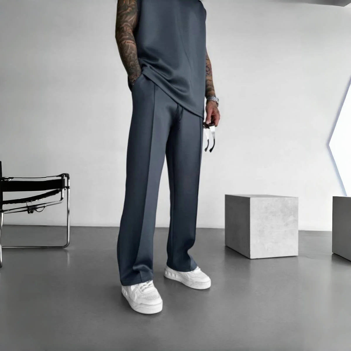 Pantaloni casual noi pentru bărbați, eleganți și confortabili, cu talie elastică și șnur, plisați pe o singură linie, cu buzunar solid, de culoare solidă