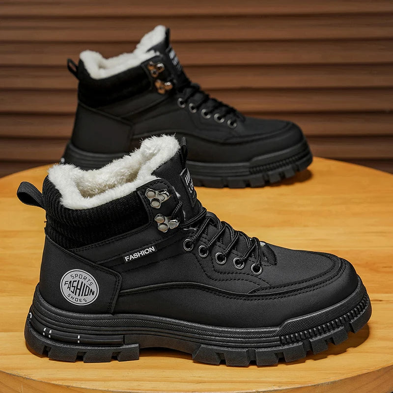 Cizme de zăpadă pentru bărbați de iarnă 2025, pantofi de iarnă din fleece cald, cu vârf înalt din bumbac, cizme de lucru retro