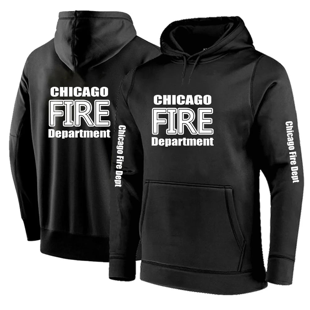 2025 Primăvara și toamna Chicago Fire Department Show TV Rescue Print Men's Outdoor Classic Solid Color Sports Loose Pullover Hoodies