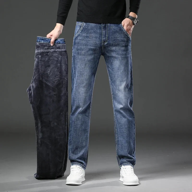 Winter Jeans Men's Fleece New Warm Stretch vintage Pants Fashion Straight Slim Thick Plush Velvet Male Brand Denim Trousers