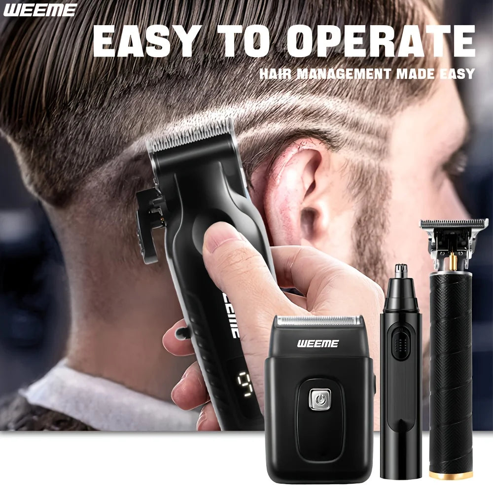 WEEME 4 în 1 Kit de îngrijire pentru bărbați, ecran LCD, reîncărcabil USB, mașină de tuns, mașină de tuns pentru barbă, mașină de tuns nas, aparat de ras cu lamă în T, cadou pentru tata