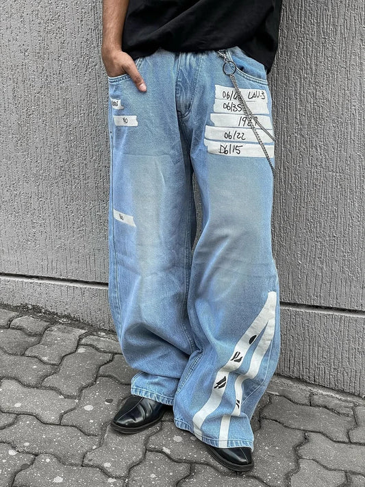 Y2K Vintage Light Blue Black Washed Jeans Tape Design Graffiti Letter Loose Fit Distressed Denim Streetwear Hip Hop Rock Unisex