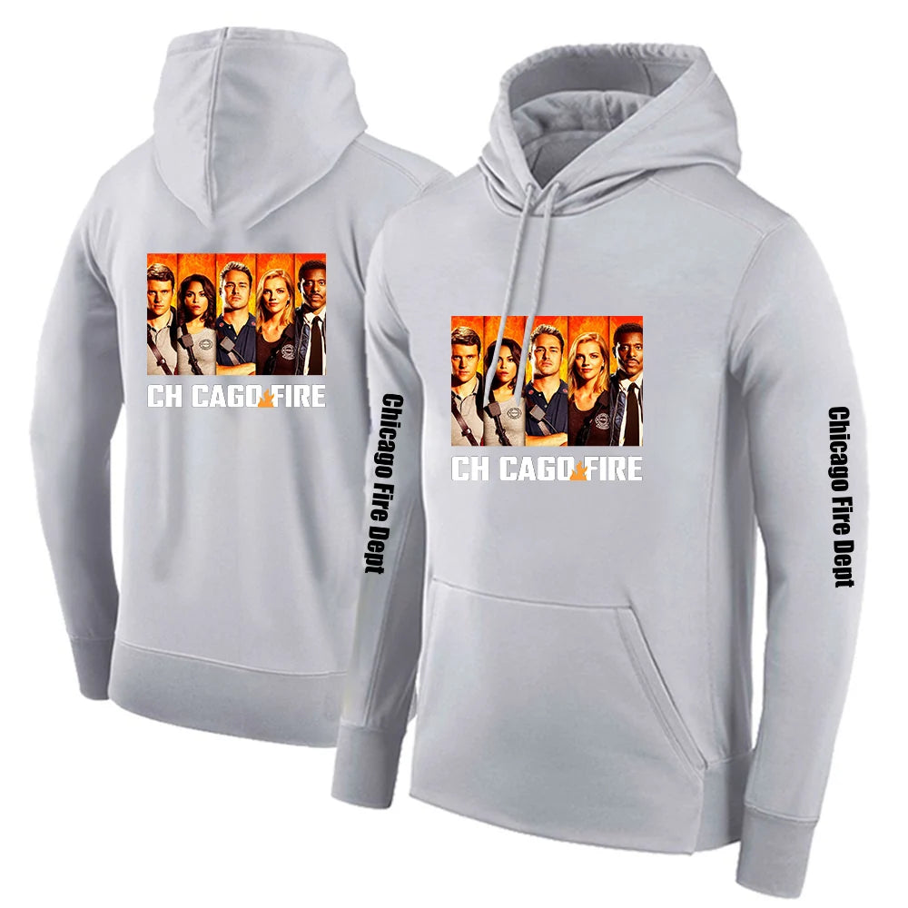 2025 Primăvara și toamna Chicago Fire Department Show TV Rescue Print Men's Outdoor Classic Solid Color Sports Loose Pullover Hoodies