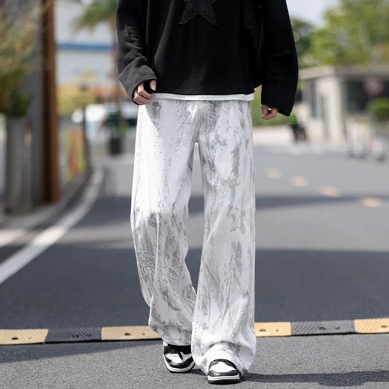 Jeans Mens Classic Straight Leg Jeans White Tie Dye Denim Pants Unisex Fashion Casual Trousers Streetwear Hip Hop Style Washed