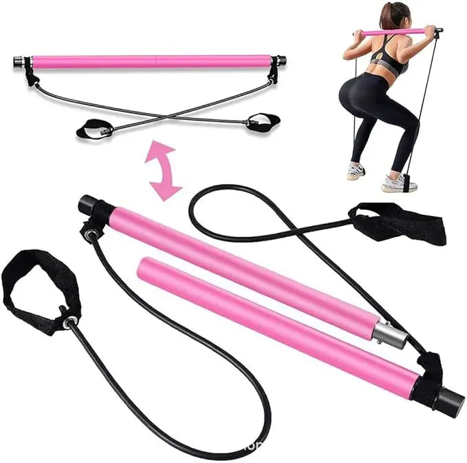 Pilates Stick - Adjustable Fitness Bar for Home Workout, Yoga, Stretching & Toning - Portable Exercise Rod with Elastic Bands