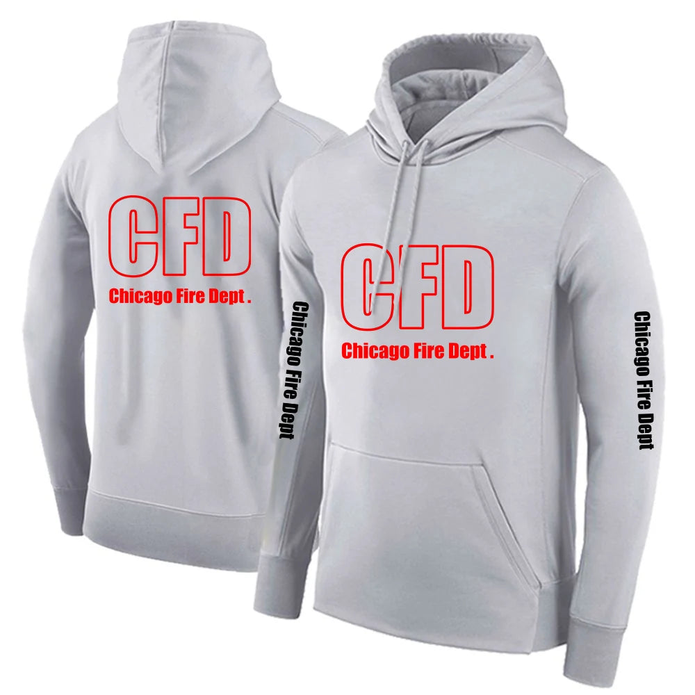 2025 Primăvara și toamna Chicago Fire Department Show TV Rescue Print Men's Outdoor Classic Solid Color Sports Loose Pullover Hoodies