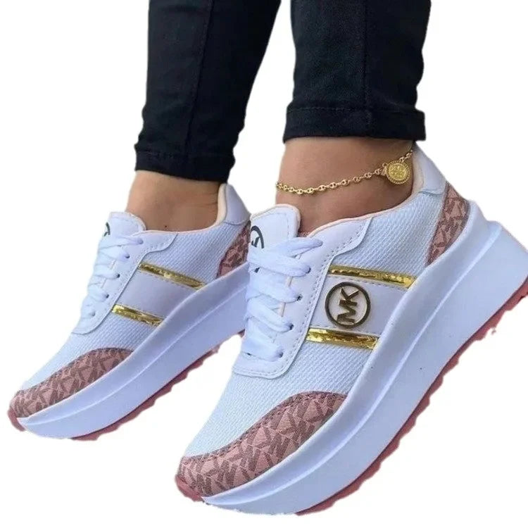 Frühling/Herbst: Große Patchwork-Schuhe mit runder Spitze zum Hineinschlüpfen und Schnüren, lässige Damen-Sportschuhe mit dicker Sohle, flach, zum Hineinschlüpfen