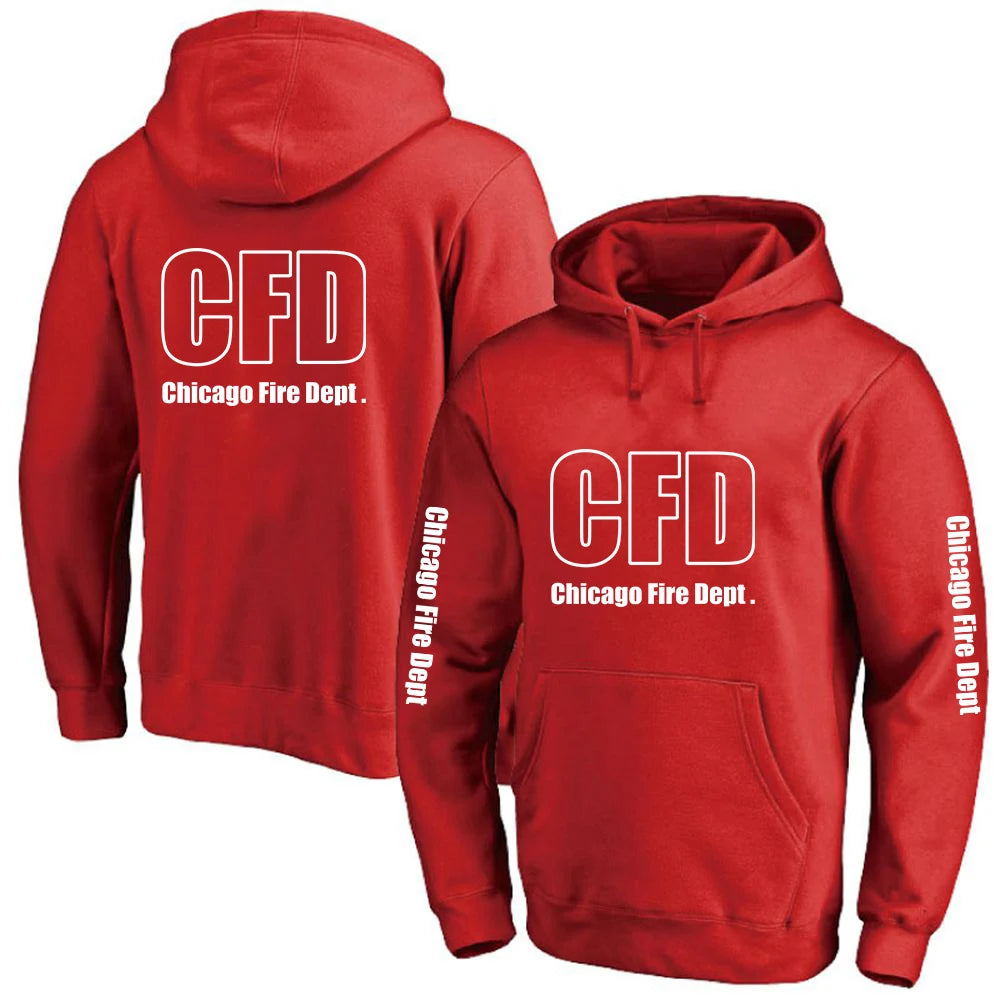 2025 Primăvara și toamna Chicago Fire Department Show TV Rescue Print Men's Outdoor Classic Solid Color Sports Loose Pullover Hoodies