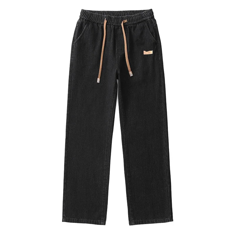 Men Dark Blue Blue Stretch Elastic Waist Denim Pants Streetwear Loose Full Length Trousers Straight Wide Leg Drawstring Jeans
