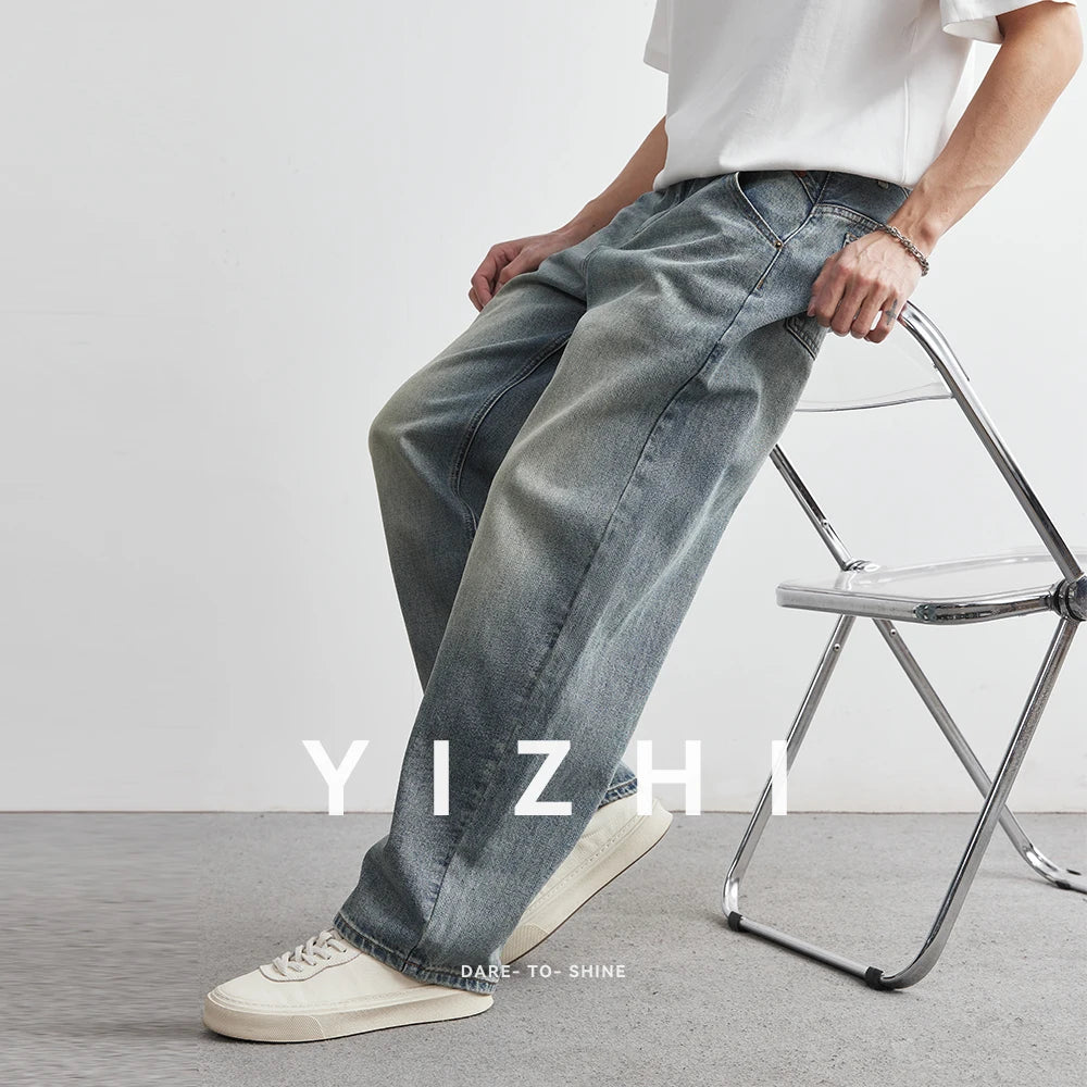 Pantaloni denim pentru bărbați, vara 2025, noi, albastru închis, spălați, blugi pentru bărbați, drepți, casual, îmbrăcăminte pentru bărbați, pantaloni largi cu picior larg, la modă, îmbrăcăminte pentru bărbați