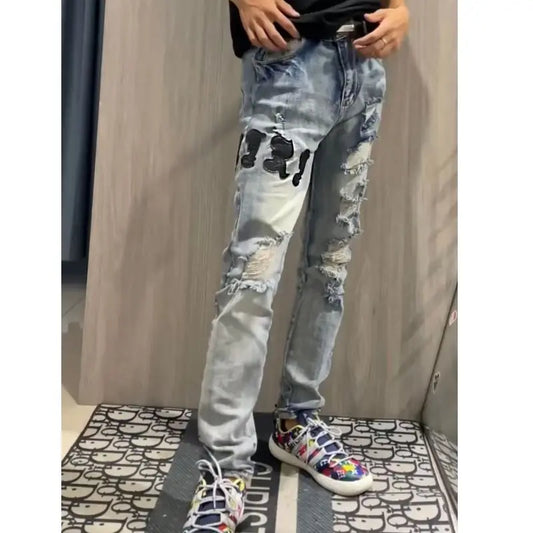 Internet Celebrity Same Style Washed Distressed Ripped Jeans Embroidered Letters High Street Casual Versatile Slim Student Pants