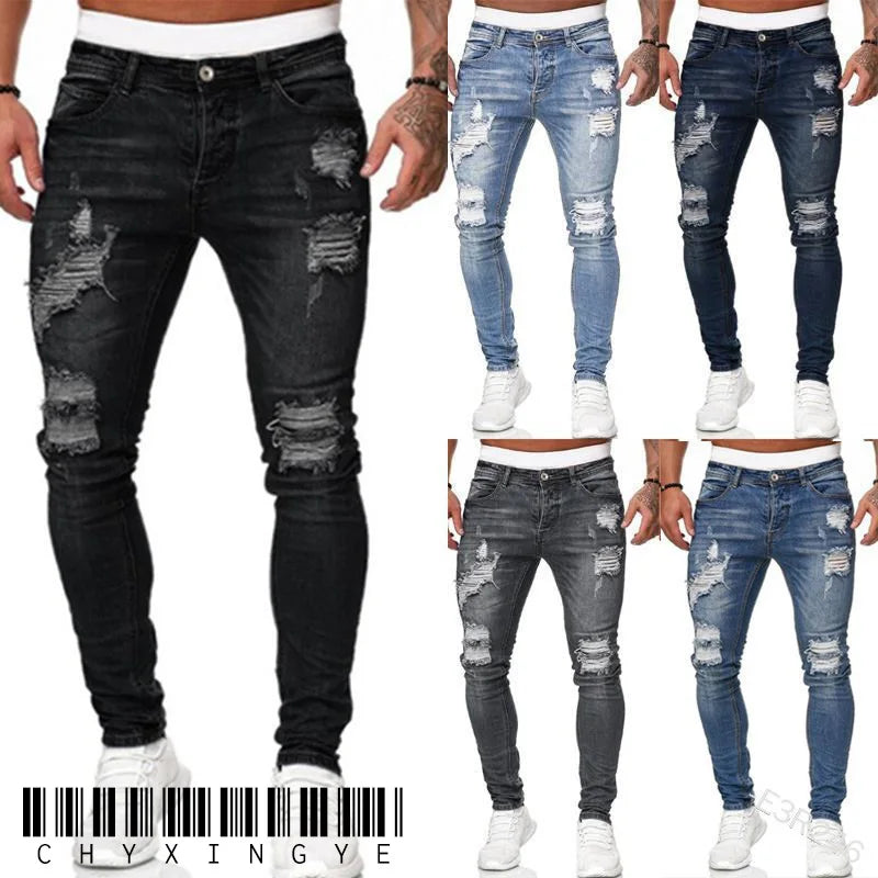Men Jeans Knee Hole Ripped Stretch Skinny Denim Pants Solid Color Black Blue Autumn Summer Hip-Hop Style Slim Fit Trousers S-4XL