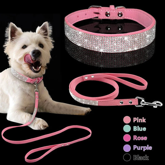 Adjustable Suede Leather Puppy Dog Collar Leash Set Soft Rhinestone - 𝐝𝐮𝐯𝐥𝐚𝐬𝐡𝐨𝐩.𝐜𝐨𝐦