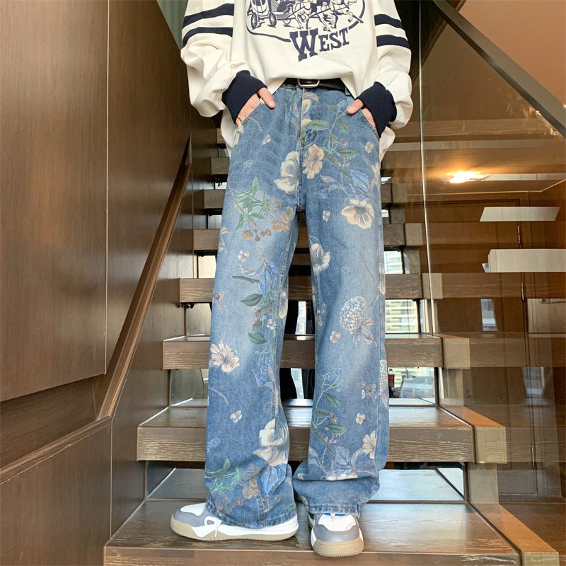 American street printed jeans for men, autumn fashion brand Vibe style, loose and versatile design, floor length wide leg pants - 𝐝𝐮𝐯𝐥𝐚𝐬𝐡𝐨𝐩.𝐜𝐨𝐦