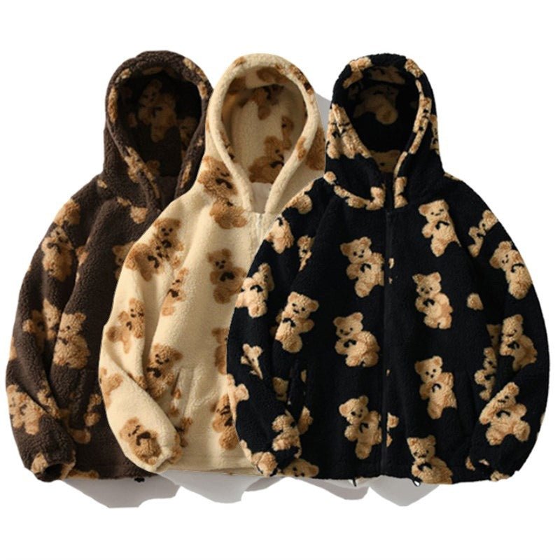 Autumn and Winter Women's Hooded Thickened Casual Sweater Cartoon Pattern Bear Zipper Pocket Plush Sweater - 𝐃𝐔𝐕𝐋𝐀𝐒𝐇𝐎𝐏