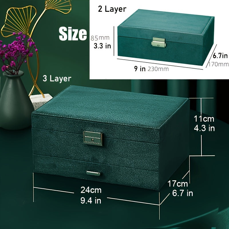 1pc 3 Layer Flannelette Lockable Jewelry Storage Box, Antique Flannelette Jewelry Organizer Case, Ear Stud Necklace Earring Ring Watch Jewelry Box, Ideal choice for Gifts