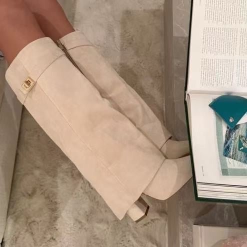 Boots with pointed toes large tube circumference straight tube metal buckle medium length tube thick heel women's boots - 𝐝𝐮𝐯𝐥𝐚𝐬𝐡𝐨𝐩.𝐜𝐨𝐦