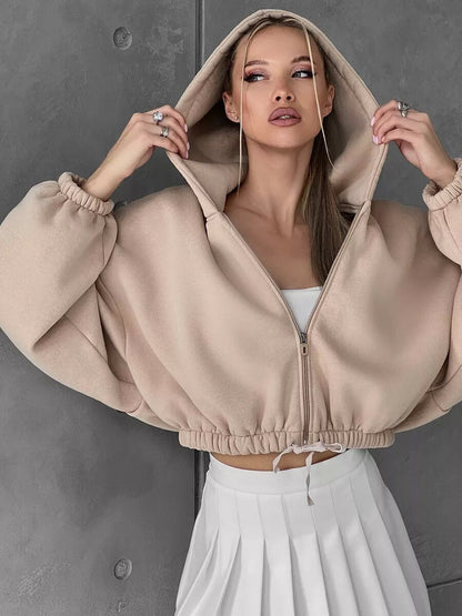 Casual Loose Hoodie for Women Short Crop Tied Waist Crop Top Zipper Long Sleeve Sweatshirt - 𝐃𝐔𝐕𝐋𝐀𝐒𝐇𝐎𝐏