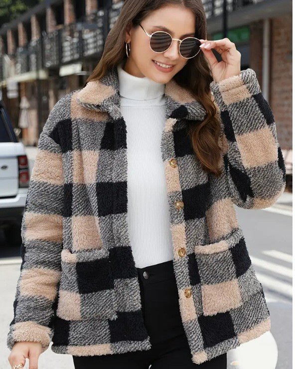 Chic Women's Plaid Fleece Coat with Patch Pockets, Long Sleeve, Casual Winter Fashion Outerwear - 𝐝𝐮𝐯𝐥𝐚𝐬𝐡𝐨𝐩.𝐜𝐨𝐦