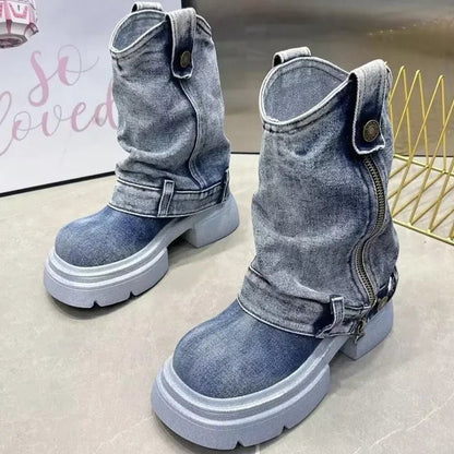 Denim Ankle Boots For Women Round Toe Thick Bottom Side Zipper Belt Buckle Female Shoes Solid Color Low Heel Designer New Brand - 𝐃𝐔𝐕𝐋𝐀𝐒𝐇𝐎𝐏