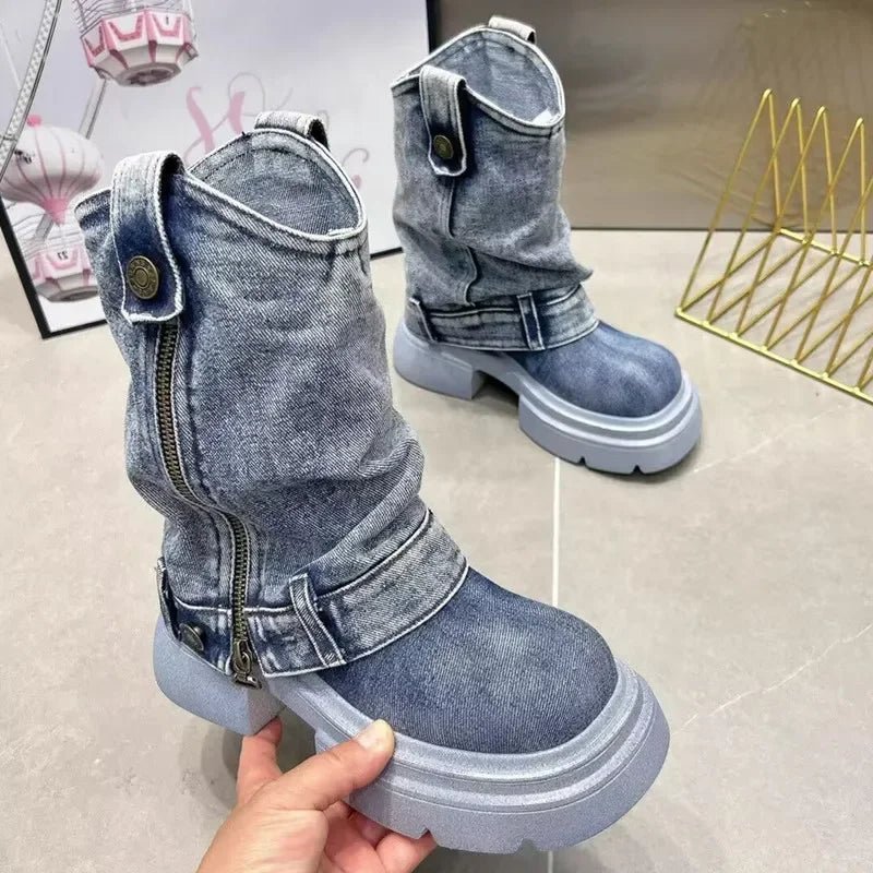 Denim Ankle Boots For Women Round Toe Thick Bottom Side Zipper Belt Buckle Female Shoes Solid Color Low Heel Designer New Brand - 𝐃𝐔𝐕𝐋𝐀𝐒𝐇𝐎𝐏