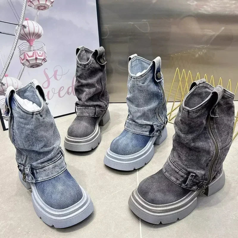Denim Ankle Boots For Women Round Toe Thick Bottom Side Zipper Belt Buckle Female Shoes Solid Color Low Heel Designer New Brand - 𝐃𝐔𝐕𝐋𝐀𝐒𝐇𝐎𝐏