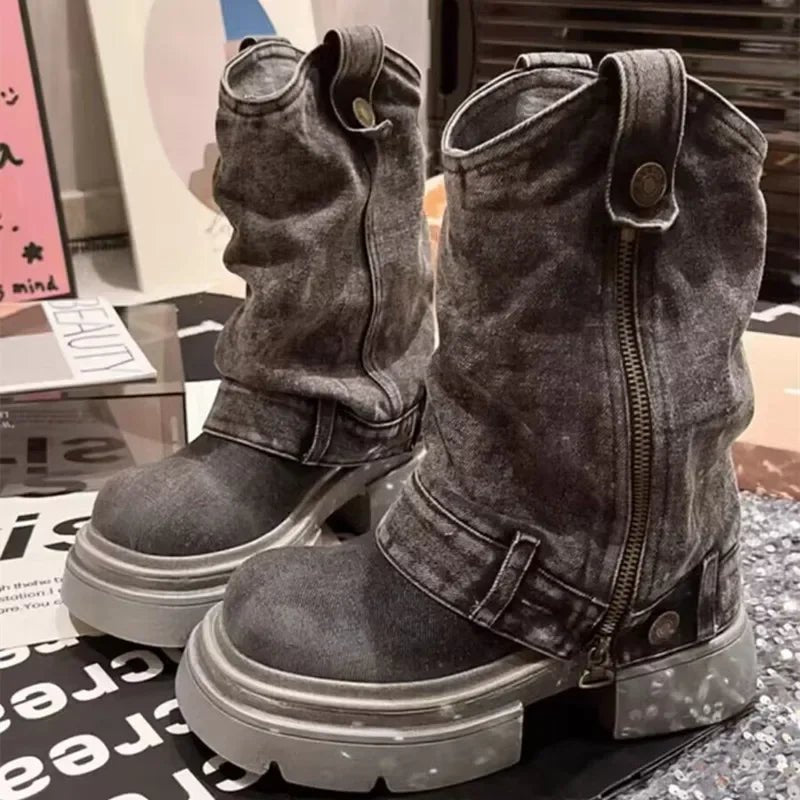 Denim Ankle Boots For Women Round Toe Thick Bottom Side Zipper Belt Buckle Female Shoes Solid Color Low Heel Designer New Brand - 𝐃𝐔𝐕𝐋𝐀𝐒𝐇𝐎𝐏