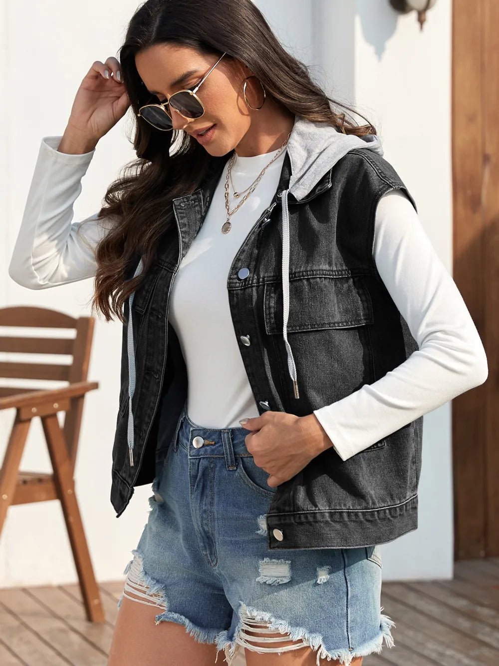 Drawstring Button Up Sleeveless Denim Jacket - 𝐃𝐔𝐕𝐋𝐀𝐒𝐇𝐎𝐏