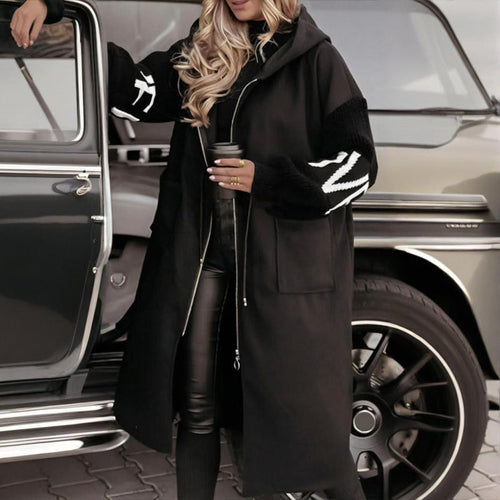 Palton cu glugă și mânecă lungă pentru femei, cu imprimeu de litere și buzunare - Fermoar în față